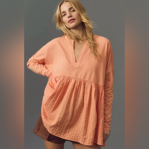 Anthropologie Pilcro Long-Sleeve Babydoll Blouse Gingham Orange Peach Top Small - Picture 3 of 8